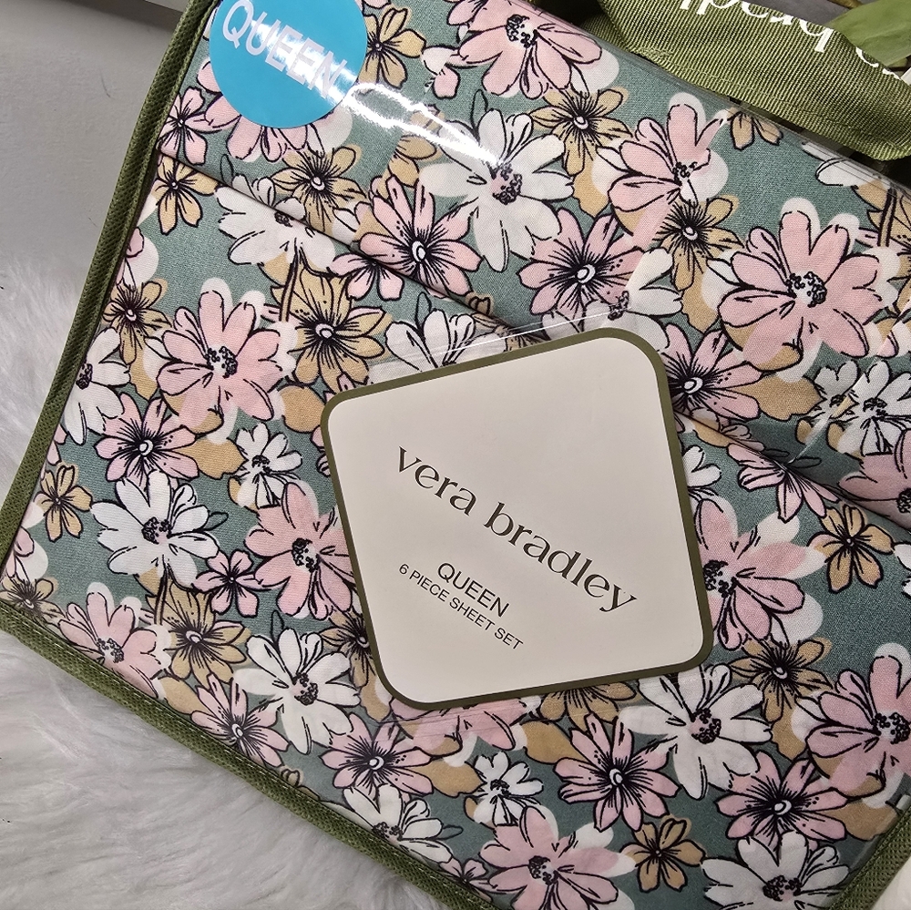 Vera Bradley Queen 6 Piece Sheet Set - Pink & Green Painted Paisley Floral new